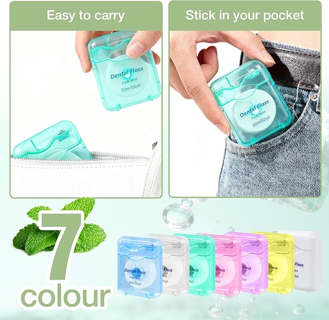 Dental Floss Bulk Travel,50m/55yd Floss in Bulk Mint Flavored Travel Dental Floss Waxed Oral Care for Adults Homeless Teeth Giveaways Kids Patients (7 Colors,Pack of 14)