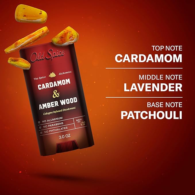 Old Spice Aluminum Free Deodorant for Men, The Spice Alchemist Collection, 24/7 Cologne Infused Scent, No Trade Off Formula, Free of Parabens & Phthalates, Cardamom + Amber Wood Scent, 3.0 oz