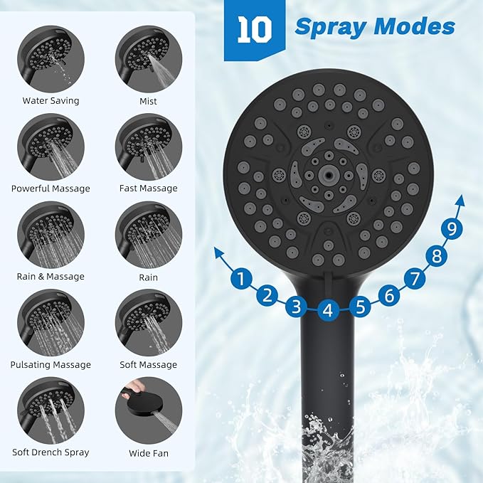 Hibbent 5-spray Dual Filtered Rainfall Shower Head Combo, High Pressure 13'' Showerhead with 10 Spray Mode Handheld, Easy Reach 4-way Diverter Shower Arm with Pause Mode, 71'' Hose and Holder, Black