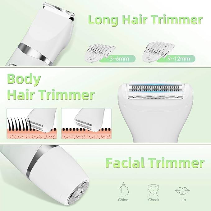 RUIBO Bikini Trimmer for Women, 3-in-1 Painless Electric Razors for Silk Skin, Wet/Dry Body Hair Shaver for Face Nose Eyebrow Arms Armpit Legs Pubic Area, IPX7 Waterproof, Ceramic Blade