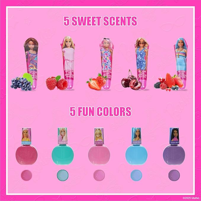 Barbie Cosmetic Makeup Set for Girls with Super Sparkly Lip Gloss Nail Polish and Nail Stickers 11 Pieces, Perfect for Parties Sleepovers Makeovers, Birthday, Ages by Townley Girl