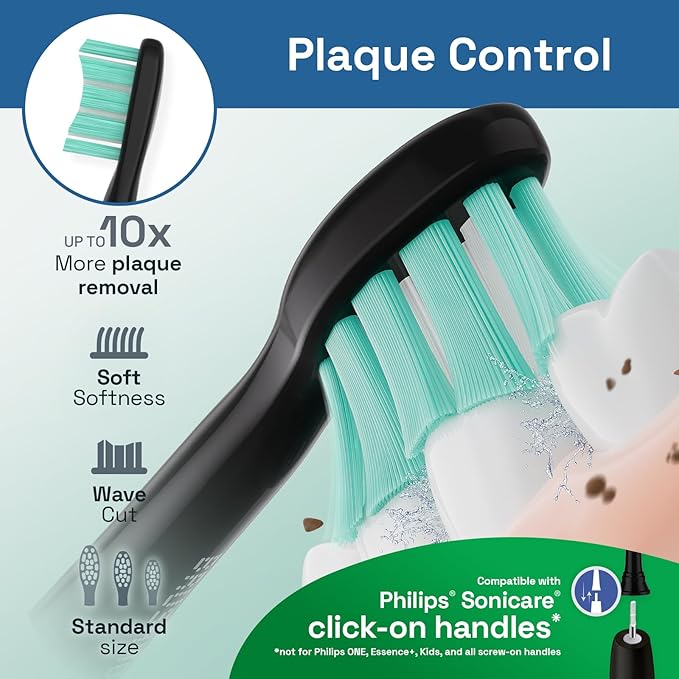 Brushmo Plaque Control Replacement Toothbrush Heads, Compatible with Philips Sonicare Click-on Electric Toothbrush Handles, 8 Standard Replacement Heads, SoftDuPont Bristles, BM928bk, Black