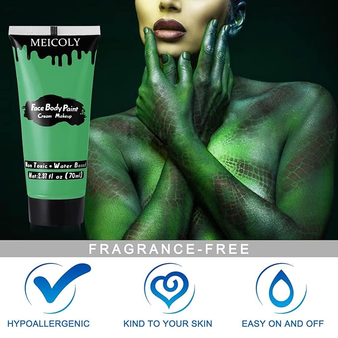 MEICOLY Green Face Body Paint,Christmas Stocking Stuffers,Green Body Paint for Halloween SFX Witch Makeup Elphaba Costume,Hunting Hulk Camo Face Paint for Adults and Kids,St.Patrick’s Day Accessories
