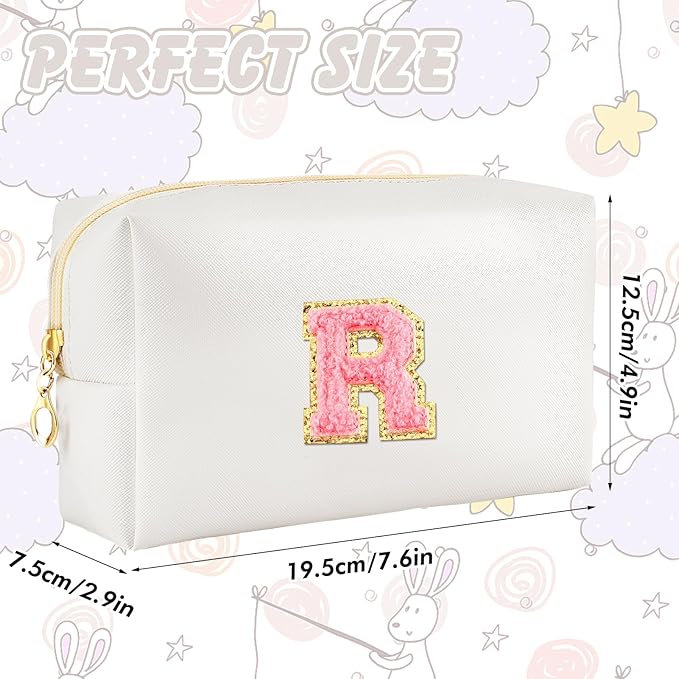 URSKYTOUS Initial Makeup Bag Personalized Preppy Travel Small Cosmetic Bag Cute PU White Chenille Letter Makeup Pouch for Purse Waterproof Zippered Toiletry Organizer for Women Girls Kids Friends (R)