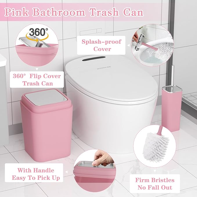 XLHOMO Pink Bathroom Accessories Set, 9PCS Pink Bathroom Accessory Sets Complete with Trash Can, Tray,Soap Dispenser,Soap Dish,Toothbrush Holder,Cup,Toilet Brush and Qtip Holders for Housewarming