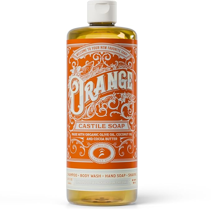 Carolina Castile Soap Orange Scent – Certified Organic Base, High Olive Oil Content, Non-Drying, Made with Organic Oils, Concentrated Natural Body Wash for Men and Women (Orange, 32 Fl Oz)