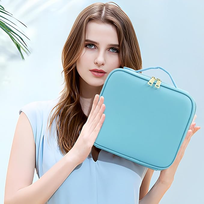 Jadazror Makeup Organizer Bag with Mirror, Lighted Travel Makeup Bag 3 Colors Modes, Cosmetic Bag Make up Organizer with Mirror and Light, Makeup Train Case Portable Cosmetic Storage Case Gifts(Blue)