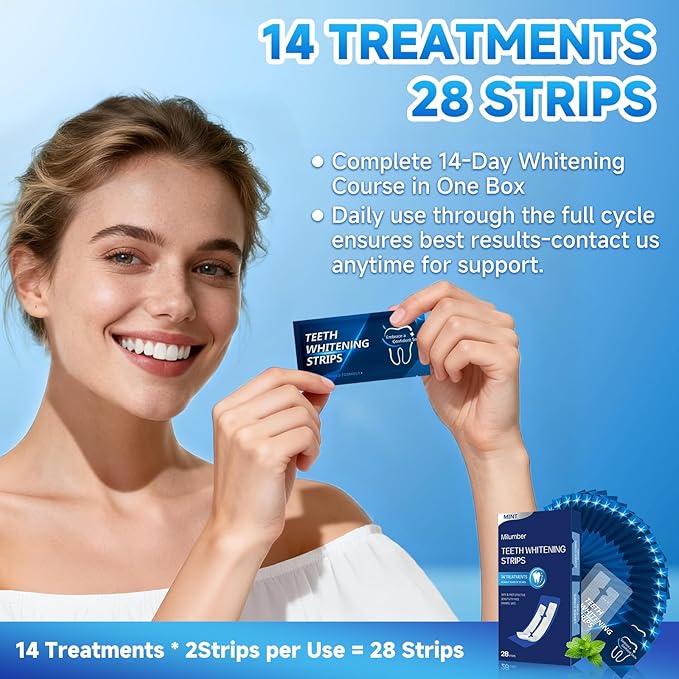 Teeth Whitening Strips for Sensitive, 28 Strips Whitener Safe Whitestrip, Deep Stains Removal Tooth Whitening, Enamel Safe Non-Slip Dry Strip Technology for Whiter Teeth, Mint
