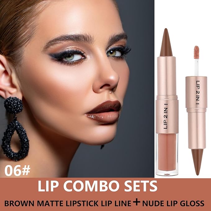 Lip Liner Gloss Lip Combo Sets Kit,Nude Brown Lip Liner and Brown Gloss Set, lip combo sets for black women, High Pigmented Long Lasting Plumping Lip Gloss Lipstick Waterproof Lip Combo 06
