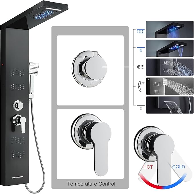 TSIBOMU Stainless Steel Shower Panel Tower System with LED Lights, 5 in 1 Shower Panel with Rainfall Waterfall Shower Head, Body Spray, Handheld Shower, Tub Spout (Black)