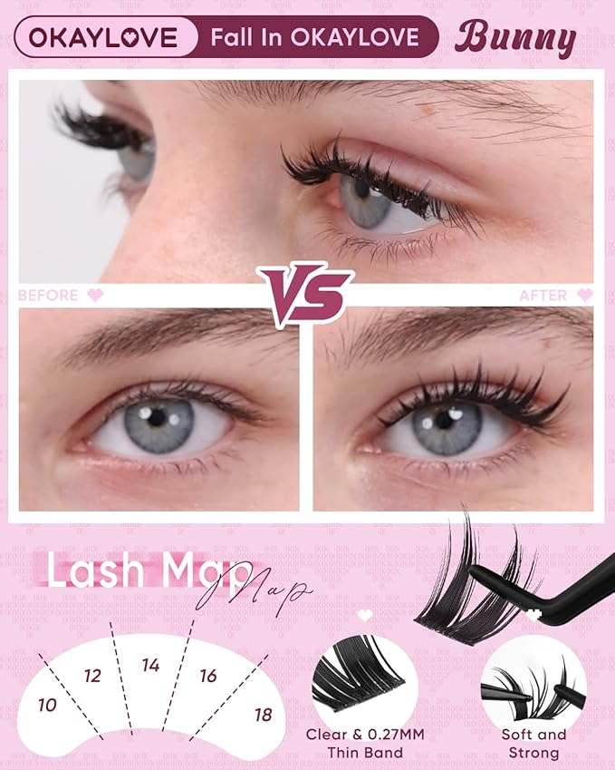 OKAYLOVE Manga Lash Clusters, BUNNY 8-18mm Natural Anime Eyelash Clusters with Spikes, 120pcs CC Curl Fairy Individual Lashes Clear Band Wispy Cluster Eyelashes Extensions for Party, Cosplay