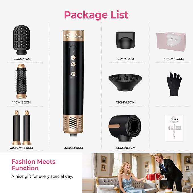 7 in 1 Blow Dryer Brush, Air Wrap Brush Set Hair Dryer Brush 110,000 RPM with Negative Ion Hair Styler Dry, Curling, Volumizing, Straightening and Styling (Black)