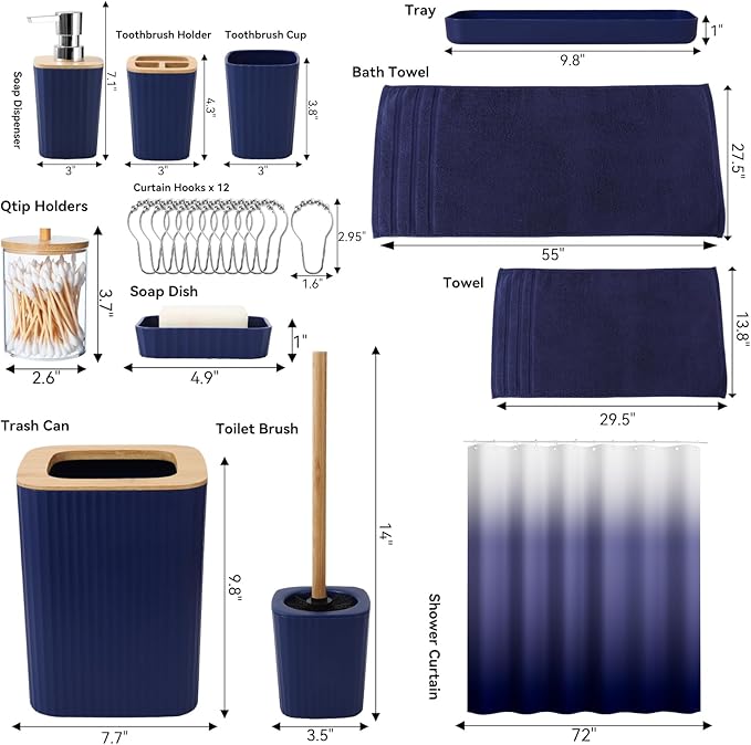 XLHOMO Navy Blue Bathroom Accessories with Bath Towels Ombre Shower Curtain, Blue Bathroom Setwith Trash Can,Toothbrush Holder,Toothbrush Cup,Soap Dispenser,Soap Dish,Toilet Brush and Qtip Holders