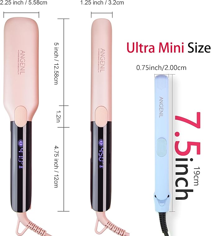 ANGENIL Pro Titanium Ceramic Ultra Mini Flat Iron for Short Hair,0.7 Inch Dual Voltage Travel Size Small Flat Iron,Suitable for Short Hair, Bangs, and Fine,20S Fast Heating 3 Temp (280℉- 320℉ -380℉)