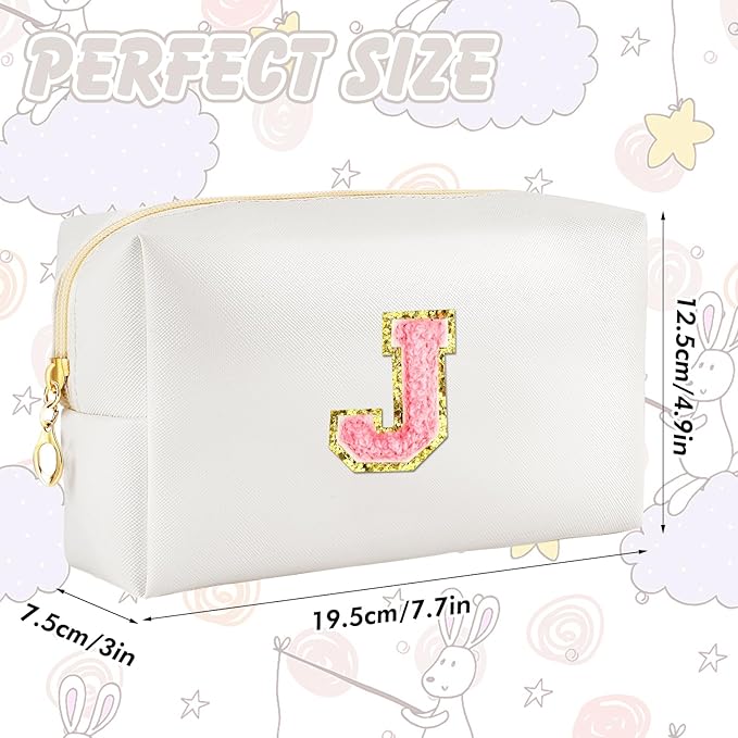 URSKYTOUS Initial Makeup Bag Personalized Preppy Travel Small Cosmetic Bag Cute PU White Chenille Letter Makeup Pouch for Purse Waterproof Zippered Toiletry Organizer for Women Girls Kids Friends (J)