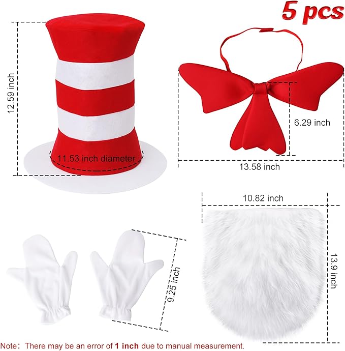 5 Pcs Hallowen Costume Accessories,Red White Striped Hats/Red Bow/White Furry/White Gloves