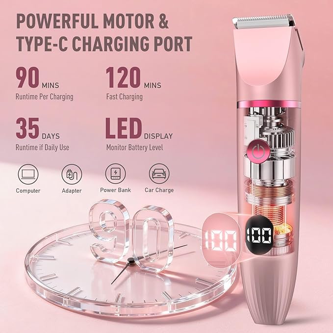 Bikini Trimmer for Women, 3-in-1 Electric Razor for Women, IPX7 Waterproof Rechargeable Cordless Pubic Hair Shaver, with LED Display, for Ladies Bikini Pubic, Face, Underarms, Legs(Rose Gold)