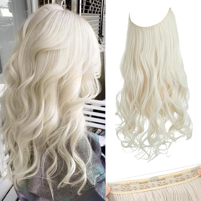 SARLA Invisible Wire Hair Extensions with 3 Clips Short Synthetic Wavy Curly Hairpiece Adjustable Transparent Headband for Women 14 Inch Platinum Blonde
