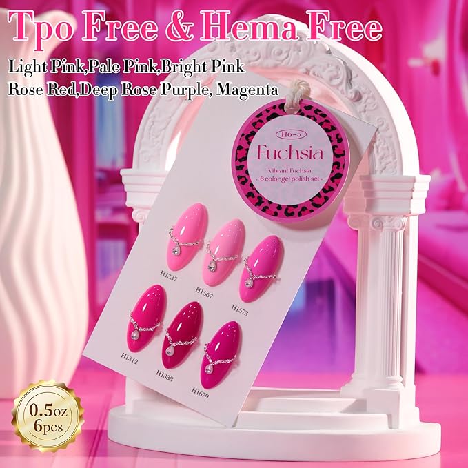 Double Rhythm 6 Pcs Hema Free Gel Polish Set 0.50 OZ Same Color Same Bottle Soak Off Neutral Natural Milky Gel Polish Kit Nail Art Manicure Salon DIY at Home (Bright Pink Purple-H6-5)