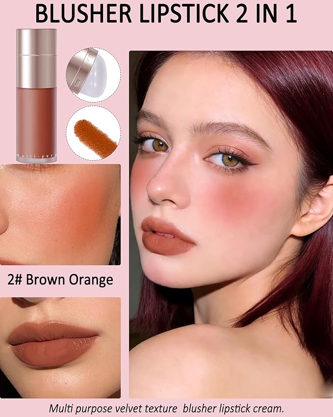 Velvet Cream Blush for Cheeks and Lips Tint,Brown Orange Matte Double-Ended Face Blusher with Silicone Brush,Blendable Waterproof Longlasting Liquid Blushes,Lightweight Facial Makeup Gift for Women-2#