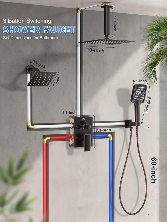 Shower Faucet Set, 10" Ceiling Mount Rainfall Shower System with 2 Rain Shower Head and Multi-function Handheld Head Push Button Diverter Shower Faucet Trim Kit