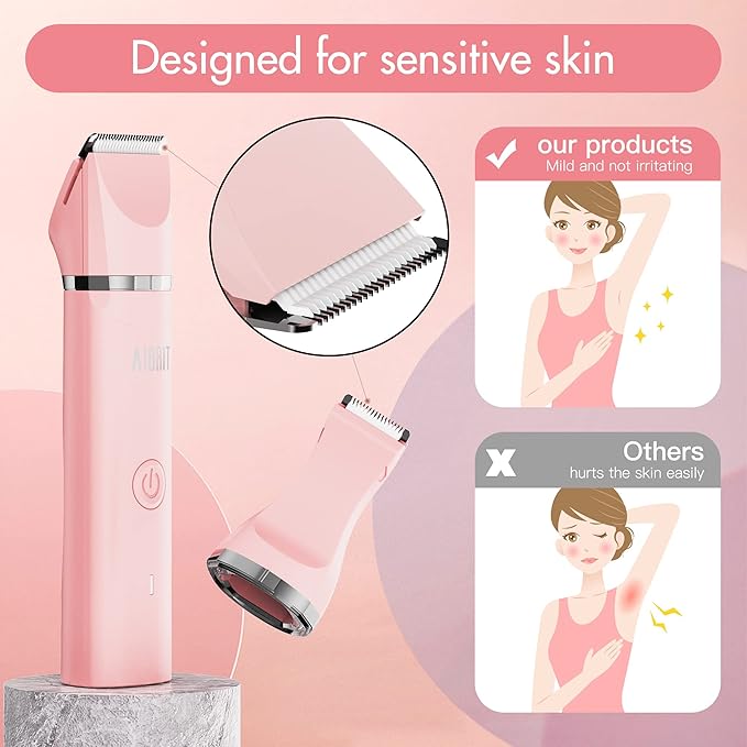 Electric Bikini Trimmer for Women - 2 in 1 Electric Lady Pubic Hair Groomer Painless Hair Removal Razor Body Shaver, Portable Ladies Shaver with 2 Trimmer Heads, IPX7 Waterproof