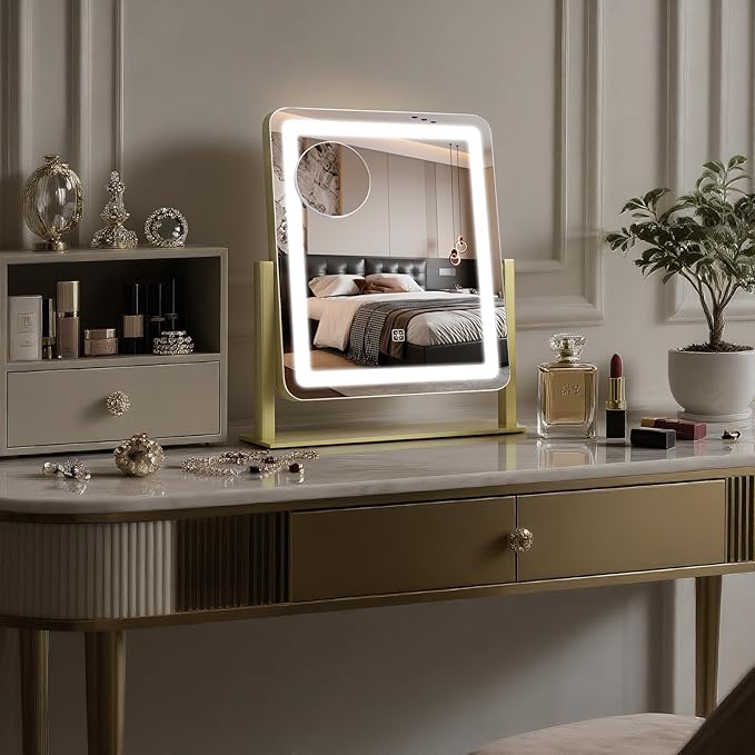 Vanity Mirror with Lights, 12.2"×15" Large LED Makeup Mirror with Light, HD Mirror, Smart Touch with 3-Color Lighting, Dimmable, 360° Rotation, Lighted Up for Vanity Desk Tabletop, Bedroom (Gold)