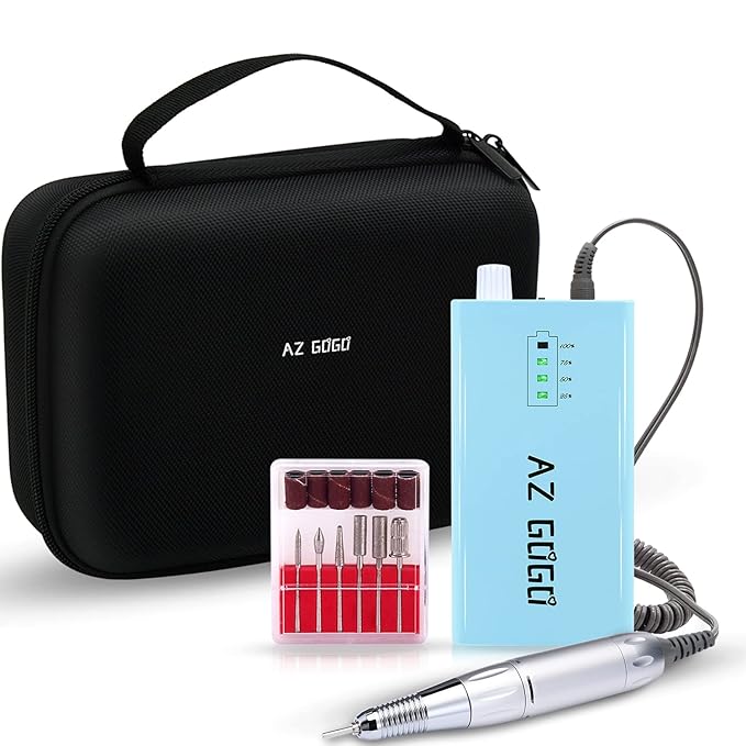 Cordless Nail Drill, AZ GOGO 30000RPM Rechargeable Portable Electric Nail Drill Machine for Gel Acrylic Nails - Efile Manicure/Pedicure Kit (Blue with EVA Bag)
