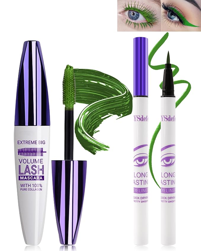 Green Mascara Liquid Eyeliner Set,5D Waterproof Fiber Colored Mascara Volume and Length,Longlasting Smudgeproof Color Eye Liner Pen,Cosplay Party Stage Use,Christmas Makeup Gift for Women Girl
