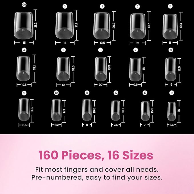 Beetles Gel Nail Tips Flat-X - Square Short, 160pcs 16 Sizes, Pre-Etched Half Matte Full Cover Soft Acrylic False Nail Tips Clear Press on Easy DIY Extension Salon for Flat & Natural Nail Beds