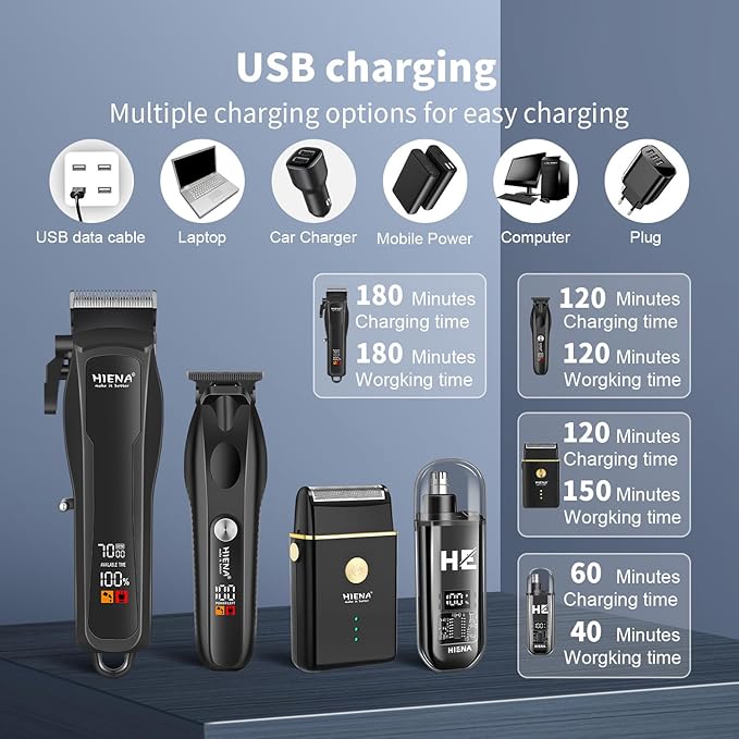 HIENA PRO Hair Clippers for Men Professional, Cordless Barber Clipper T-Blade Beard/Hair Trimmer Electric Razor Foil Shaver Set, Men's Hair Cutting Kit with LED Display, Barber or Home Use