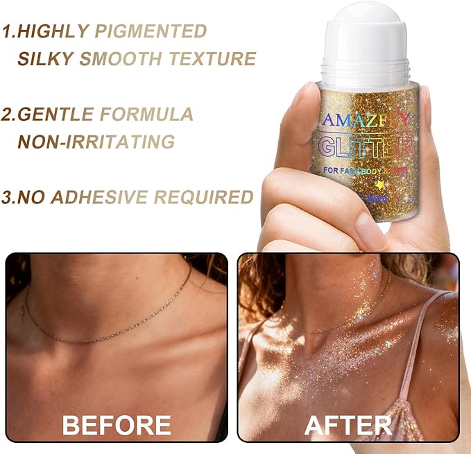 Roll-on Holographic Body Glitter Gel for Body, Hair, Face, Chameleon Color Changing Glitter Gel Under Light, Chunky Mermaid Sequins Festival Party Rave Accessories Shimmer Makeup (Champagne)