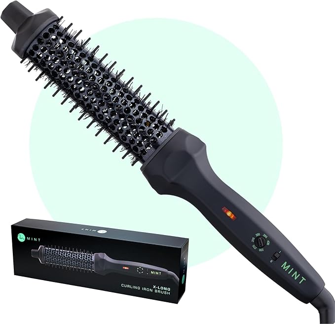 MINT Extra-Long 1 1/3 Inch Thermal Brush for Effortless Curls, Volume & Waves | 230-430°F 2-Heater Ceramic Curling Iron Brush Creates Long-Lasting Styles | Heated Round Styler