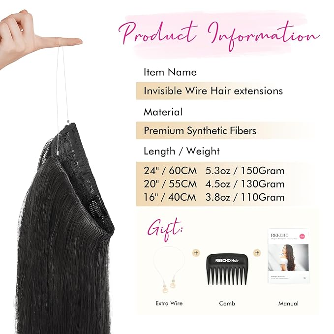 REECHO Invisible Wire Hair Extensions with Transparent Headband Adjustable Size Removable Secure Clips in Straight Secret Hairpiece for Women - Natural Black