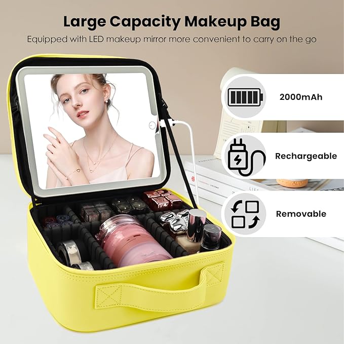 SUILU Travel Makeup Bag with LED Mirror and Light Travel Makeup Case Cosmetic Organizer Portable Cosmetic Brush Organizer Bag with Adjustable Dividers for Cosmetics Makeup Brushes Toiletry (Yellow)