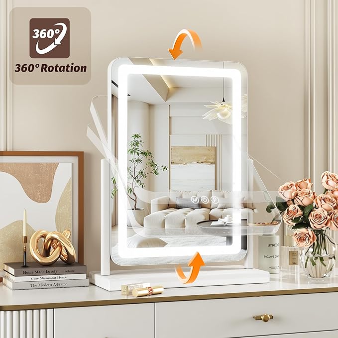 Vanity Mirror with Lights, 18"x14" Hollywood Lighted Makeup Mirror for Tabletop & Bedroom 3 Color Lighting Modes Smart Touch Control 360° Rotation Detachable