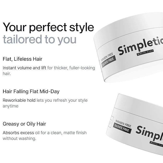 Simpletics Hair Clay for Men (Vanilla Scent) – Natural 6 Ingredient Matte Styling Clay with Beeswax & Coconut Oil – Strong Hold, Water Based, Non-Greasy – Adds Texture & Volume – 2oz