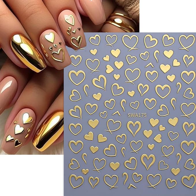 Heart Nail Stickers for Nail Art 3D Self-Adhesive Gold Silver Red Hearts Nail Decals Valentine Heart Nails Art Sticker Holiday DIY Manicure Decoration Accessories for Women 6 Sheets