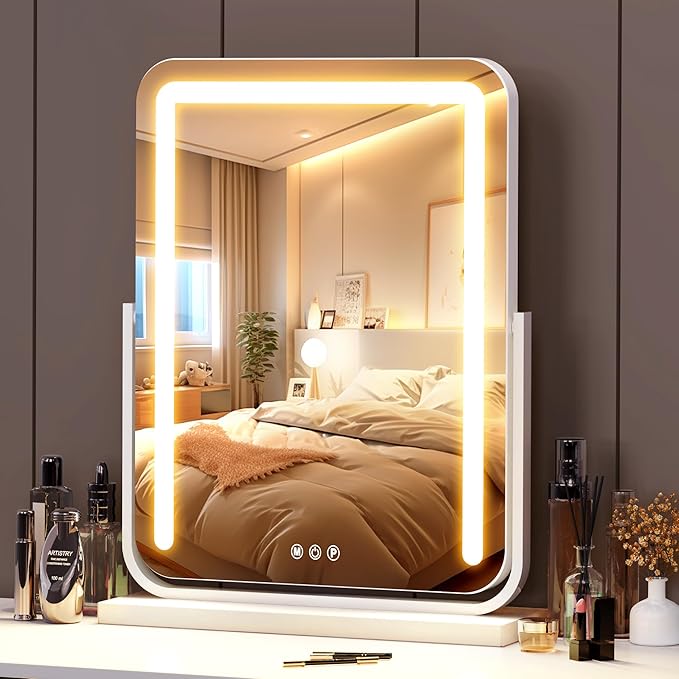 Lighted Makeup Mirror with Lights,Dimmable Touch Control Vanity Mirror for Desk/Bedroom, 360° Rotation,3 Color Modes for Flawless Application - Ideal Gifts for Her (White)