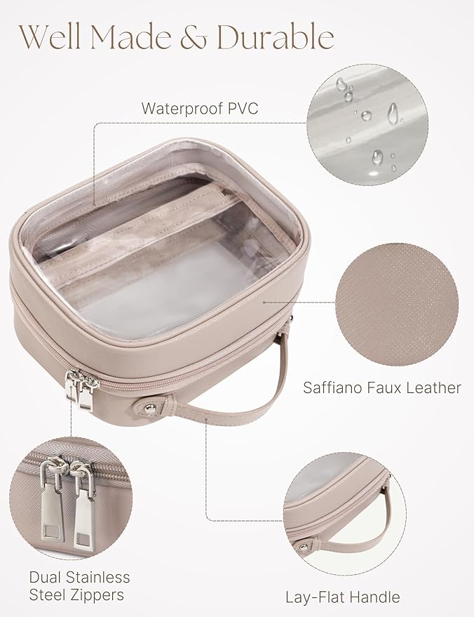 Oaque Clear Cosmetic Bag Double Layer 4 Compartments Travel Toiletry Bag Clear Makeup Bag Case with Zipper Transparent Travel Bag for Toiletries, Gift for Women Girls (Taupe, Small)