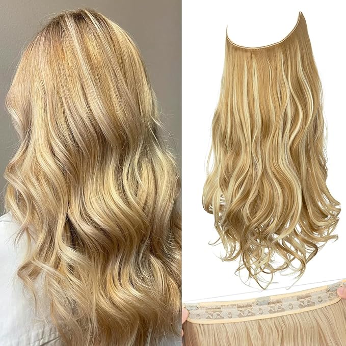 SARLA Invisible Wire Hair Extensions with 3 Clips Long Synthetic Wavy Curly Hairpiece Adjustable Transparent Headband for Women 16 Inch Honey Blonde/Bleach Blonde Highlights