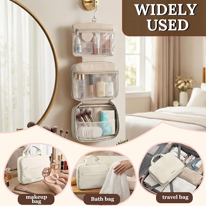 Qeauqsa Makeup Bag Organizer, Large Hanging Toiletry Bag for Women with Leakproof Compartments, Travel Cosmetic Case for Full Sized Toiletries & Brushes Travel Cosmetic Bag Cruise Essentials White