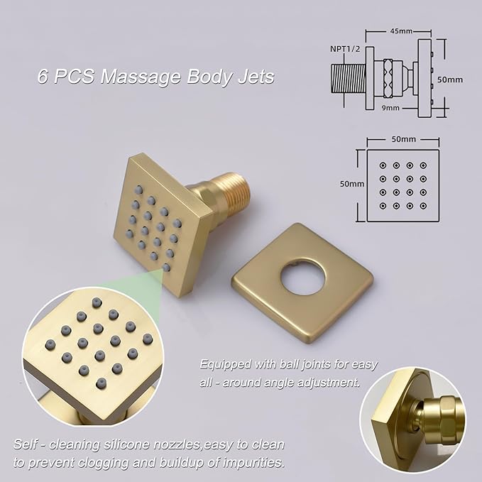 KATAIS Brushed Gold 16X24 inch Ceiling Mounted Shower Head Set(Rain&Waterfall&Mist 3 Modes), Digital Display Shower System with 6 PCS Body Jet and Handheld Spray