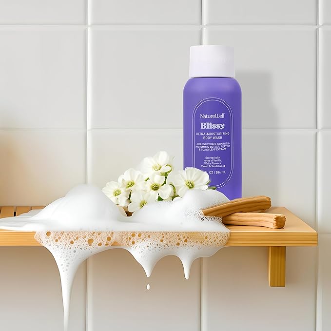 NATURE WELL Blissy Hydrating & Cleansing Body Wash, Infused with Guava Leaf Extract, Murumuru Butter, & Peptides, Scented with Vanilla, White Flowers, Violet, & Sandalwood, 13 Fl Oz
