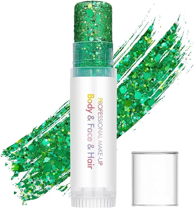 Green Body Glitter Stick,Sparkling Neon Outfit Party Holographic Sequins Paint Mardi Gras Accessories Face and Hair Glitter Gel Makeup.