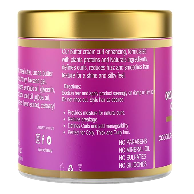 Organic Coconut Curl Enhancing Cream with Flaxseed, Black Castor Oil. Curls Detangler, Moisture-rich, Curl Revival Cream. Anti-Frizz, Defines All Curl Types & textures. Sulfate & Parabens free. 8 oz