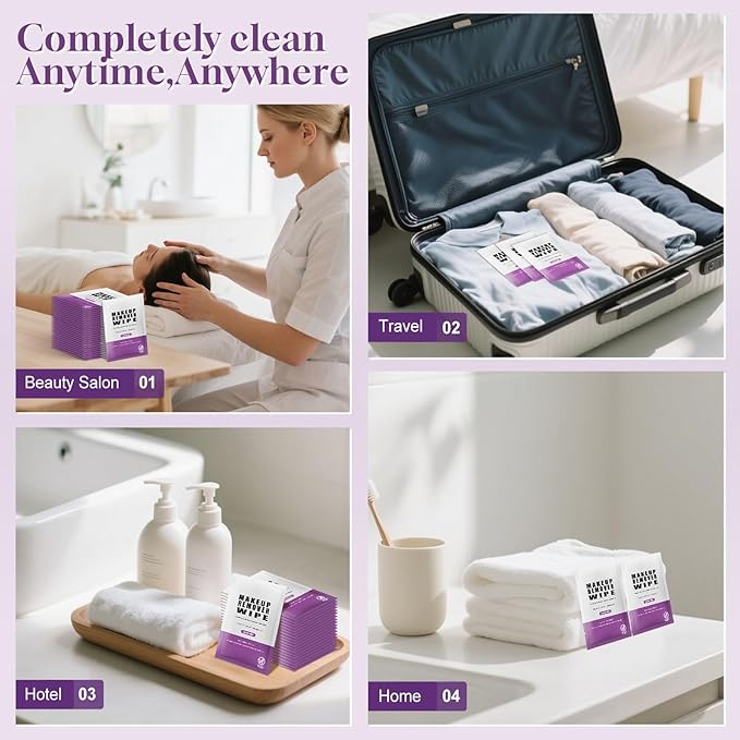 Pack of 100 Makeup Remover Wipes Individually Wrapped,Lavender Scent,Face Cleansing Wipes Bulk, Travel Towelette Makeup Remover Cloth for Face Cleansing Skin Care Remove Makeup
