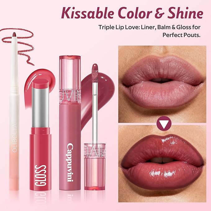 3PCS Lip Combo Set - Matte Lip Liner Pencil + Hydrating Tinted Lip Balm + Juicy Lip Gloss Tint, Non-Sticky, Long-Lasting, High Pigment Lip Makeup Kit (Juicy Plum Set)