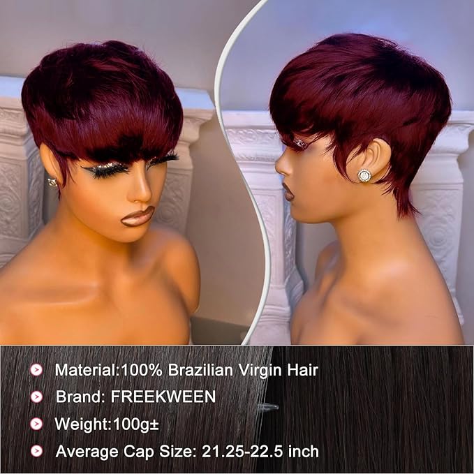 Short Bob Wig for Black Women Brazilian Virgin Human Hair Pixie Cut Wig Burgundy Red Colored Short Style full machine Made Wig with Bangs 150% Density None Lace front Wig 99J#