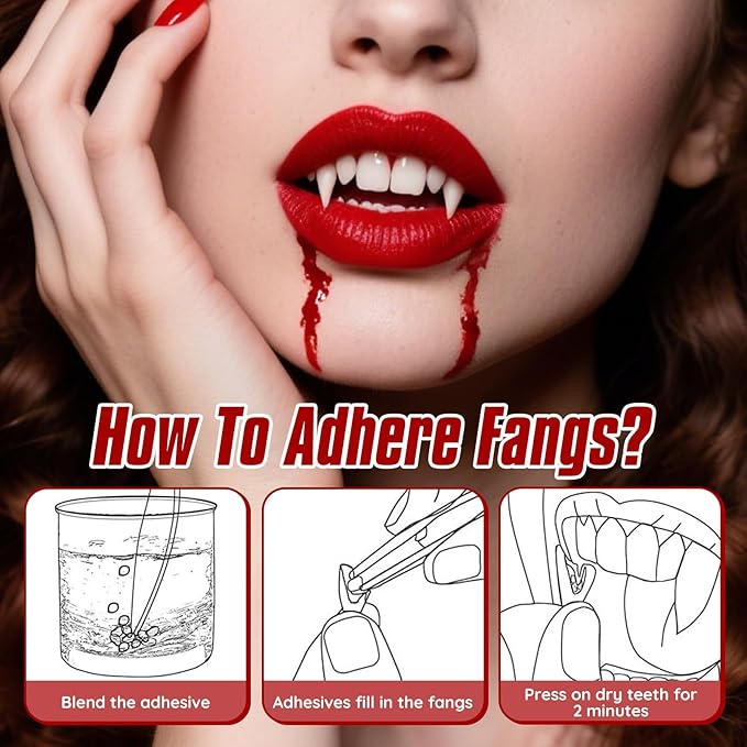 Halloween Vampire SFX Makeup Kit, Complete Makeup Set Include White Liquid Foundation, Vampire Teeth Fangs, Fake Blood, Setting Powder, Eyeshadow & Black Lipstick for Cosplay, Carnival